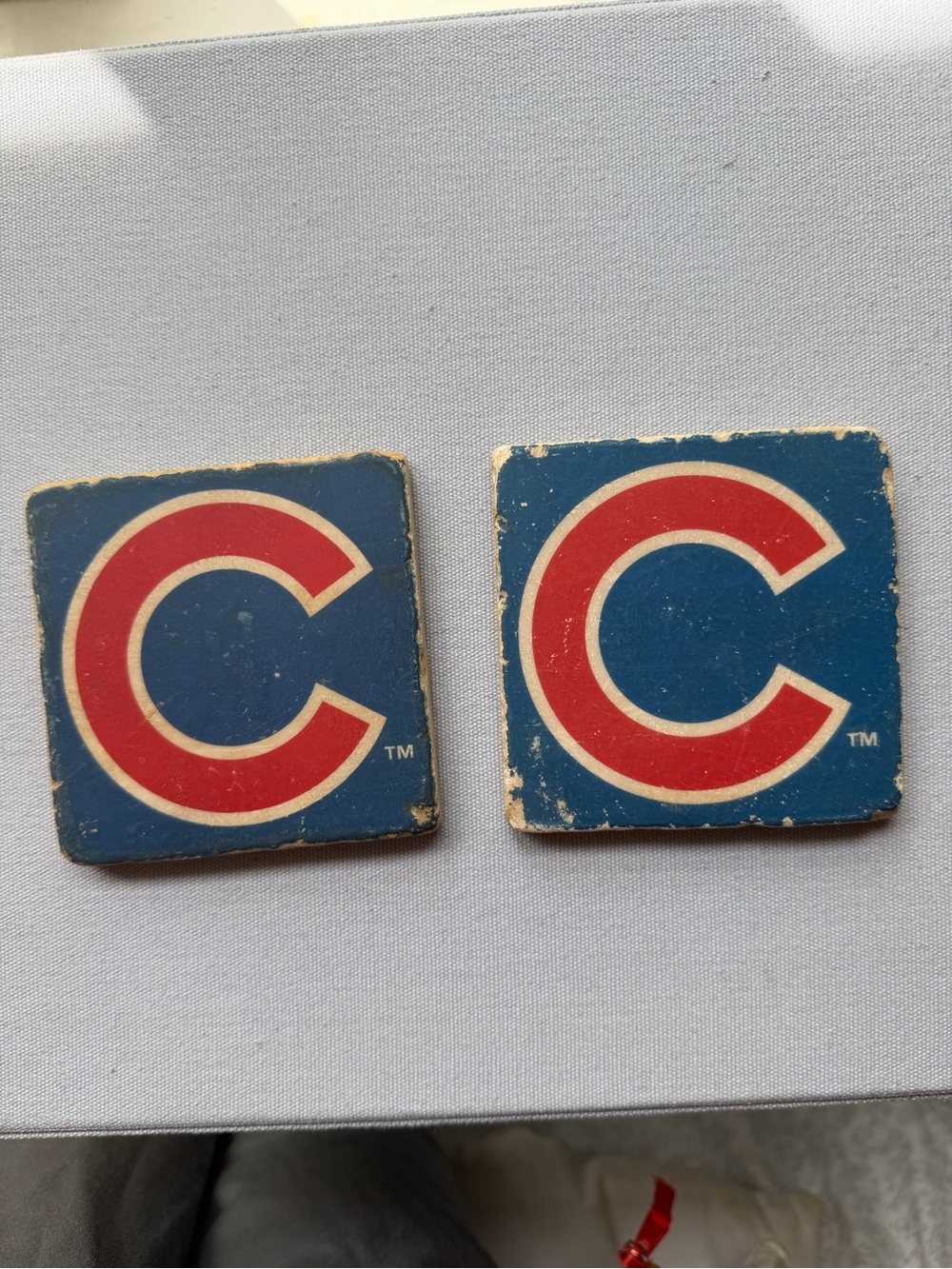 Official Cubs Red 'C' Logo Coasters on Blue Background - Set of 2